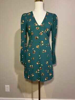 Billabong Teal Floral Long Sleeve Button Front Mini Dress Small
